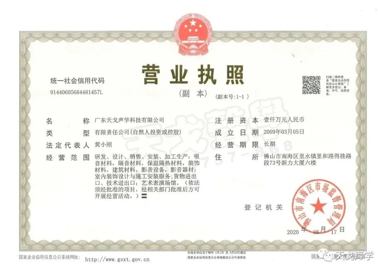 廣東天戈聲學(xué)科技有限公司營(yíng)業(yè)執(zhí)照
